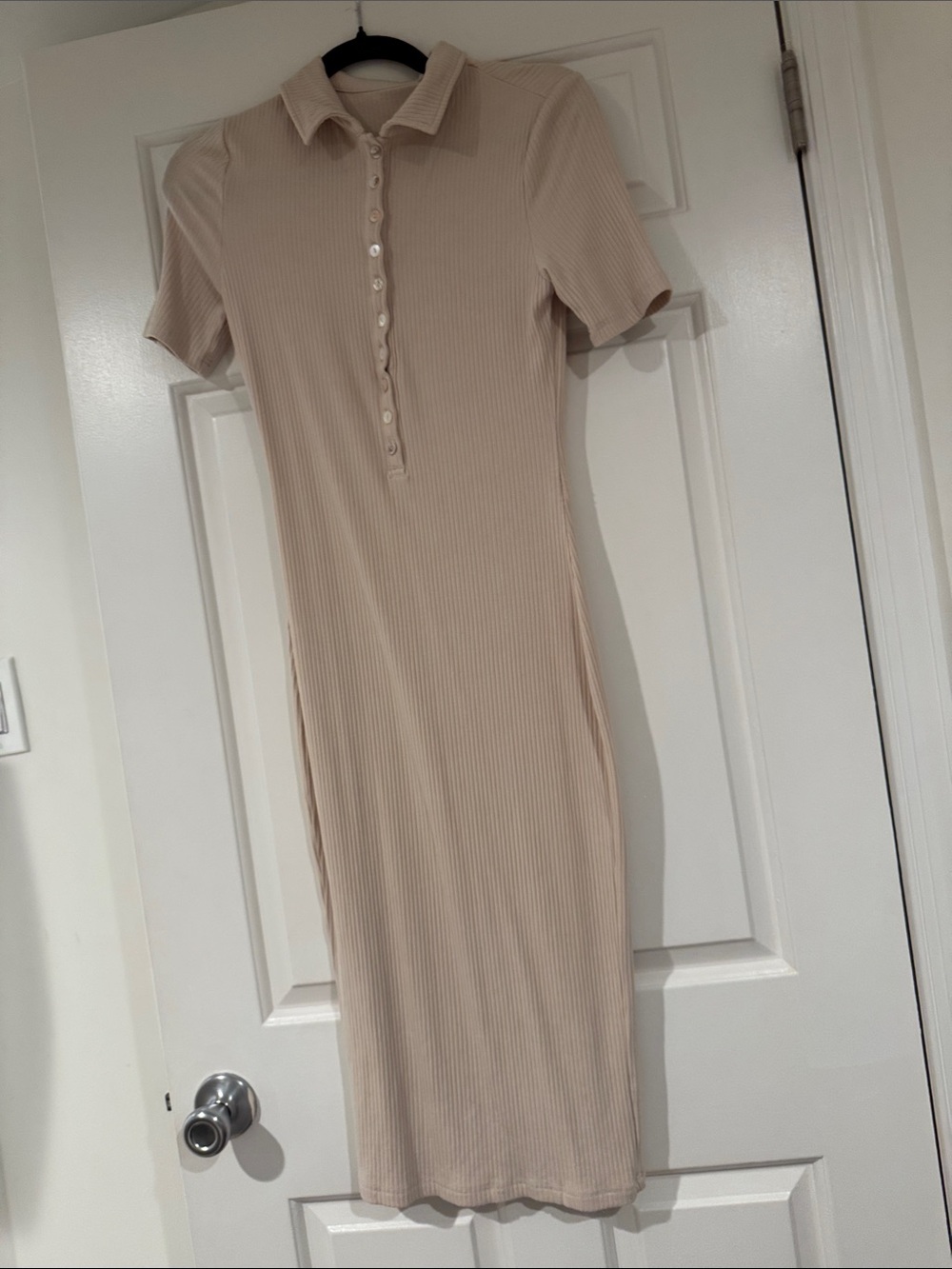 Beige Ribbed Polo Midi Dress